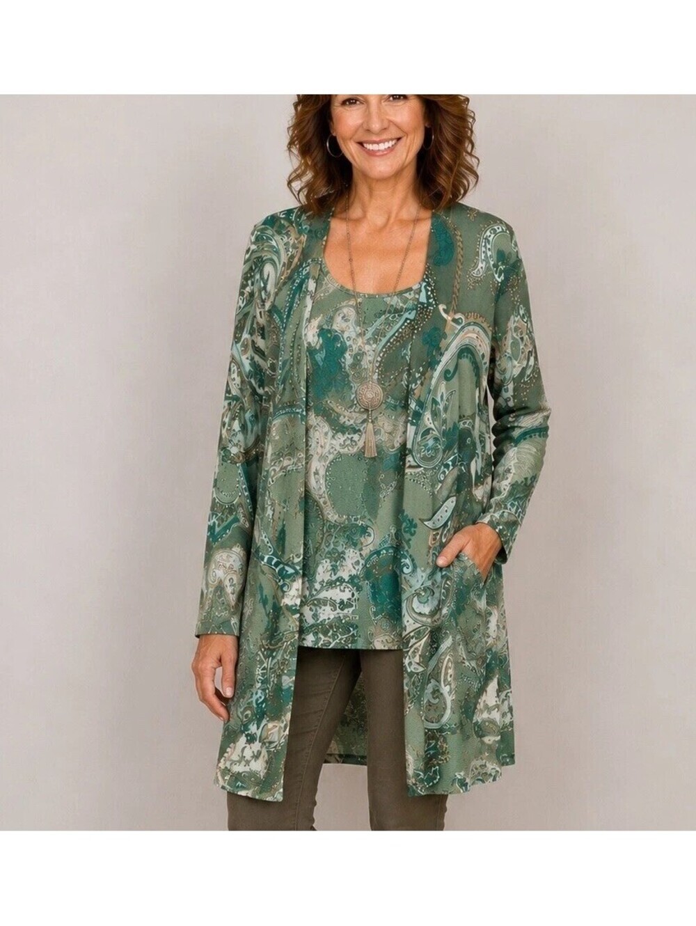 Chico’s Green Paisley 2 Piece Cardigan & Matching Shell Set Size 1 Medium Boho